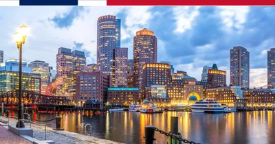 The Boston skyline at night, located in Fan Pier Park, Boston,  Massachusetts, USA. Stock Photo | Adobe Stock