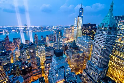 Фотографии Нью-Йорк США ночью Сверху Небоскребы Дома город