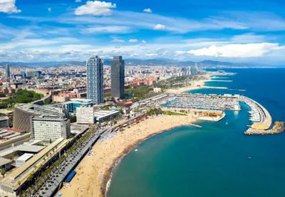 Barcelona Beach in summer night along seaside in Barcelona, Spain.  Mediterranean Sea in Spain. Stock Photo | Adobe Stock