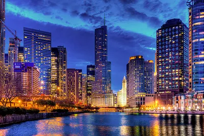 Картинка Чикаго город США Мегаполис Ночь Небоскребы Дома Города