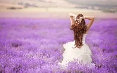 молодая женщина в платье стоя на лавандовом поле. Стоковое Изображение -  изображение насчитывающей счастье, поле: 223537599