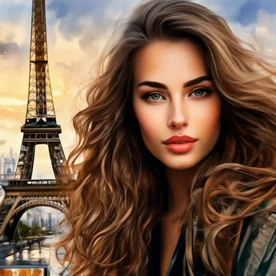 Фото Девушка в красном берете на фоне Эйфелевой башни, Париж / Eiffel  Tower, Paris