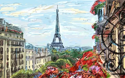 Обои на рабочий стол Здания на фоне Эйфелевой башни, Париж, Франция /  Eiffel tower, Paris, France, обои для рабочего стола, скачать обои, обои  бесплатно