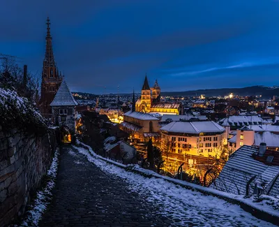 Картинки германия, зима, вечер, дома, замки, церковь, hohnstein, снег,  город - обои 1920x1080, картинка №445875