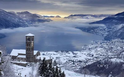 Картинки Италия Lago di Sauris ели гора Зима Природа Озеро снеге