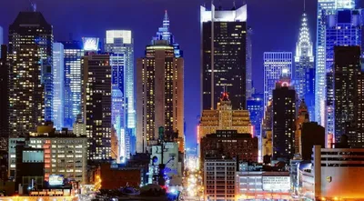 Скачать обои небоскребы, ночной город, сша, нью-йорк, манхеттен разрешение  1920x1080 #162932