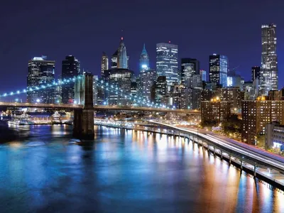 Скачать обои панорама, небоскребы, ночной город, нью-йорк, здания  разрешение 1920x1280 #125986