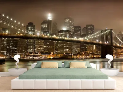 Фотообои бесшовные Бруклинский мост ночью В260 см х Ш424 см Master Fresok  артикул 6-085 флизелиновые, на стену, в спальню, в детскую, в гостиную, в  зал, в кухню - купить по выгодной цене