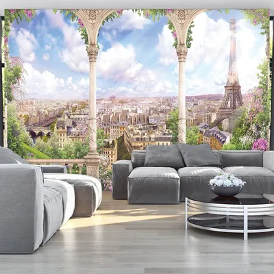 Флизелиновые фотообои город в интерьере фото 312x219 см Пейзаж Парижа с  цветочной террасы (11417VEXXL) +клей купить по цене 1400,00 грн