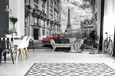 Фотообои город в интерьере кухни 254x184 см Париж и красное авто  (11674P4)+клей по цене 850,00 грн
