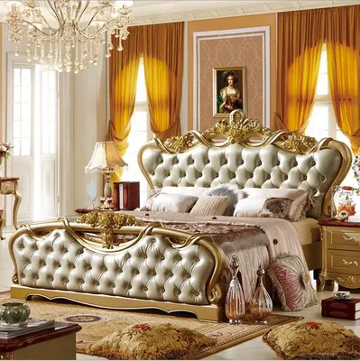 Высококачественная Европейская современная кожаная французская кровать на 2  персоны, роскошный большой размер, золотой цвет, p10076 | AliExpress