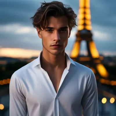 Красивый французский парень в белой …» — создано в Шедевруме