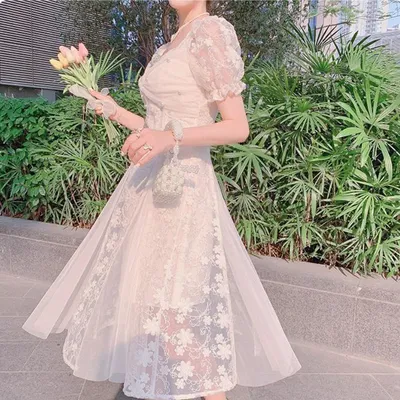Элегантные французские платья миди с коротким рукавом, женские платья с  цветочным рисунком, милые винтажные платья, вечернее платье в Корейском  стиле для женщин, 2021 | AliExpress