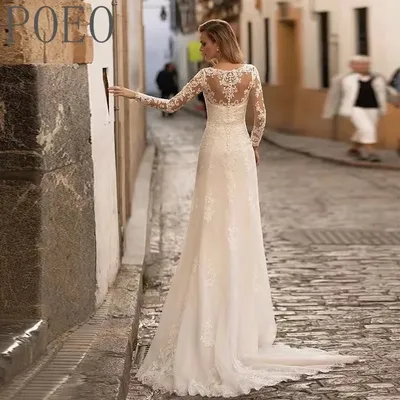 POEO французские Свадебные платья с длинным рукавом и V-образным вырезом на  молнии до пола со шлейфом изысканные банкетные вечерние платья для невесты  | AliExpress
