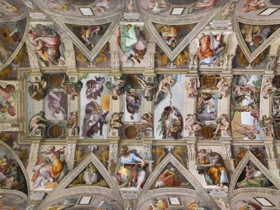 Микеланджело Буонарроти - Частичный вид на потолочные фрески Сикстинской  капеллы, 1508: Описание произведения | Артхив