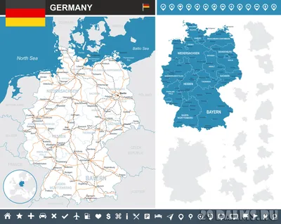 Красочные карты германии с столицы на синем фоне векторные иллюстрации. |  Премиум векторы