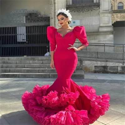 Испанское, Пурпурное, Розовое Вечернее Платье Фламенко с оборками,  элегантное вечернее платье с юбкой-годе для танцев и выпускного вечера,  женское платье с рукавом до локтя | AliExpress