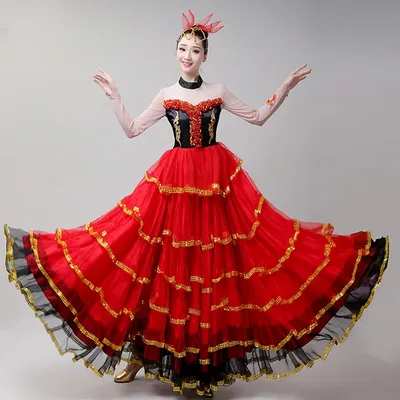 Женское платье для фламенко, элегантное танцевальное платье с длинными  рукавами, испанское платье с широкой юбкой, VO1052 | AliExpress