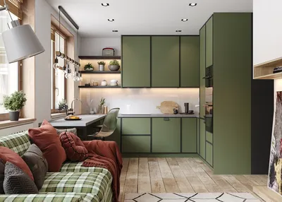 Зеленая кухня для небольшой квартиры-студии со столешницей из  искусственного камня от производителя - мебель на заказ MrDoors.