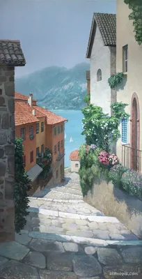 Купить Фотообои фреска итальянская улочка с видом на море и горы на стену.  Фото с ценой. Каталог интернет-магазина Фотомили