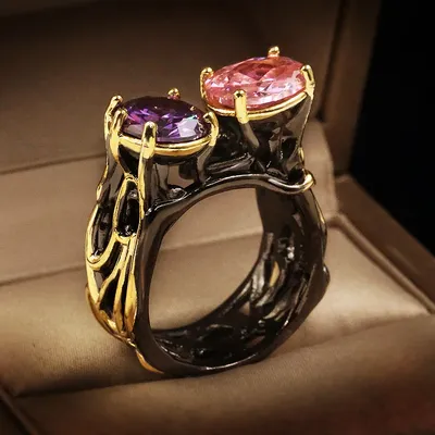 Роскошные черные золотые вольфрамовые обручальные кольца CHARLINLIOL для  женщин, обручальные кольца с большим круглым аметистом и коктейлем,  итальянские ювелирные изделия | AliExpress