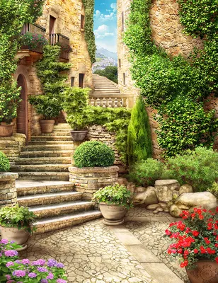 Иллюстрация Итальянский дворик в стиле 2d, компьютерная графика |