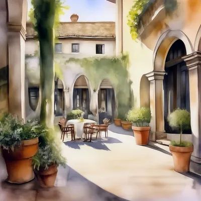 Живопись в тематике \"итальянский дворик\", узкие улочки с арками и цветами -  Живопись