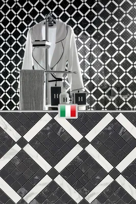 Плитка диагональная мозаика на стену в ванную, геометрия квадрат, черно- белая, Италия