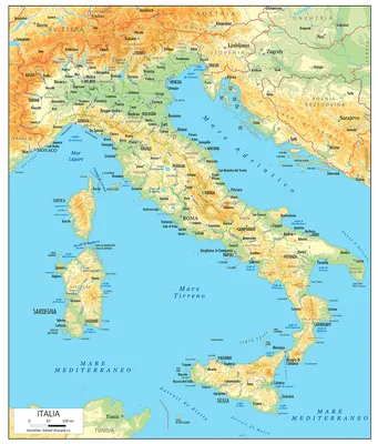 Large detailed physical map of Italy in russian | Italy | Europe | Mapsland  | Maps of the World