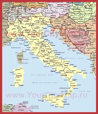 Карта автодорог Италии с расстояниями между городами | Road map of Italy  with the distances between cities | Италия карта, Италия, Карта
