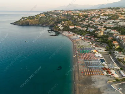 Panoramic aerial view of sea and coast of Riviera dei Cedri, Scalea,  Calabria, Italy. stock photo