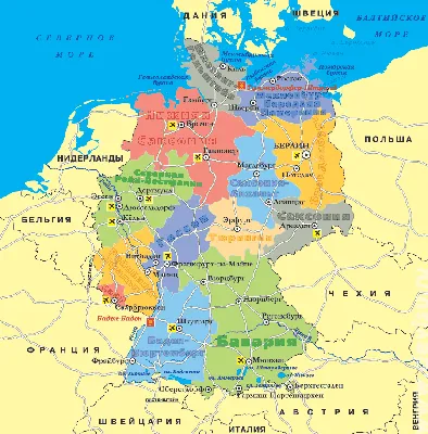 Германия туристическая карта - Туристическая карта Германии с городами  (Западная Европа - Европа)
