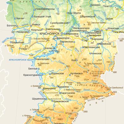 Регион на одной карте - Красноярский край. Подробная высококачественная  карта дорог Красноярского края с расстоянием между городами,