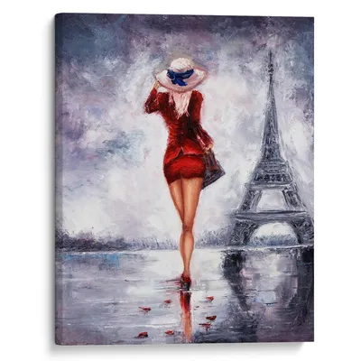 Картина на холсте \"Девушка в красном платье в Париже\"
