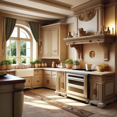 Французский красочный стиль в современной кухни, яркие элементы декора,  традиционная мебель