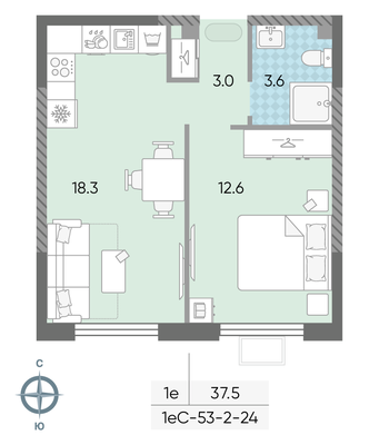 3-комнатная квартира в Level Южнопортовая площадью: 68,0 м2 на 11 из 68  этажей, условный номер: 3-125