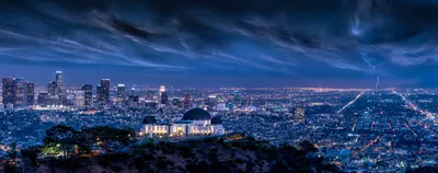 Картинка Лос-Анджелес США Мегаполис ночью Небоскребы Дома 1920x806