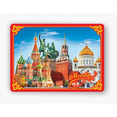 Магнит \"Москва. Коллаж\", красная рамка, закатной, 65х90 мм мелким и крупным  оптом в Москве