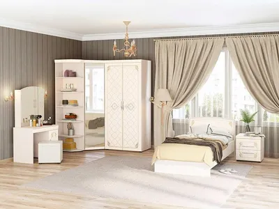Спальня Версаль комплект: кровать 180х200 + 2 тумбы прикроватные + стол  туалетный с зеркалом + пуф + шкаф 6 дверный с зеркалом орех с золотом —  купить со склада в интернет магазине мебели