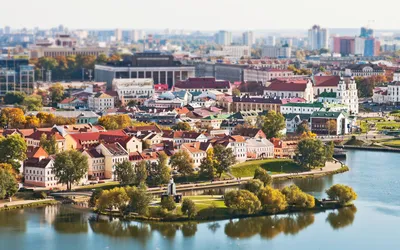 Historical and cultural part of Minsk city Nemiga area. View from drone to  old town and city river Stock Photo - Alamy