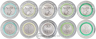 Euro Германия набор из 5 монет 5 евро 2019 Умеренная зона (A, D, F, G, J)  цена 5 500 руб. | Интернет-магазин евромонета.рф