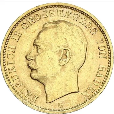 Золотая монета Германии «7-ой Великий Герцог Бадена Фридрих II. 20 марок»  1911-1914 г.в., 7.17 г чистого золота (проба 900)