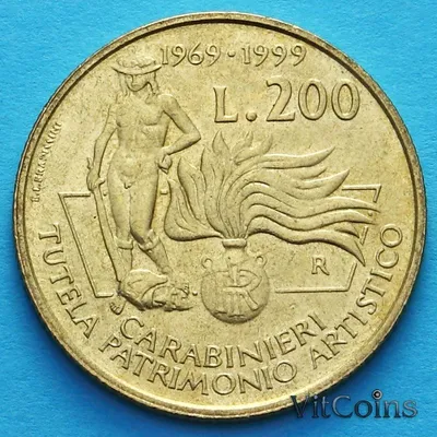 Купить монеты Италия 200 лир 1999 год. Карабинеры, защита культурного  наследия.
