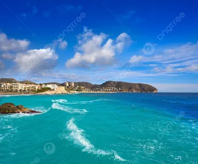 Traditional white houses with unspoilt idyllic view of marina, coastline  and Mediterranean Sea in Moraira, Costa Blanca, Spain Stock Photo | Adobe  Stock