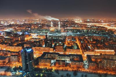 Ночная Москва с высоты птичьего полета. Выглядит эффектно | Пикабу