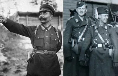 Немецкий и советский офицеры с польским железнодорожником — военное фото