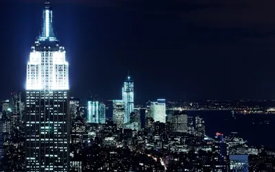 Скачать 1920x1080 нью-йорк, ночной город, небоскреб, огни города, горизонт  обои, картинки full hd, hdtv, fhd, 1080p