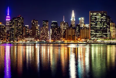 Картинки Нью-Йорк америка Реки ночью Небоскребы Дома Города