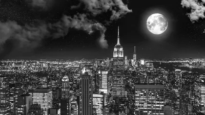 Обои ночной город, чб, полнолуние, нью-йорк, сша картинки на рабочий стол,  фото скачать бесплатно