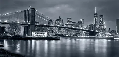 Фотообои \"Черно-белое изображения Бруклинского моста на фоне луны, Нью-Йорк\"  - Арт. 090024 | Купить в интернет-магазине Уютная стена